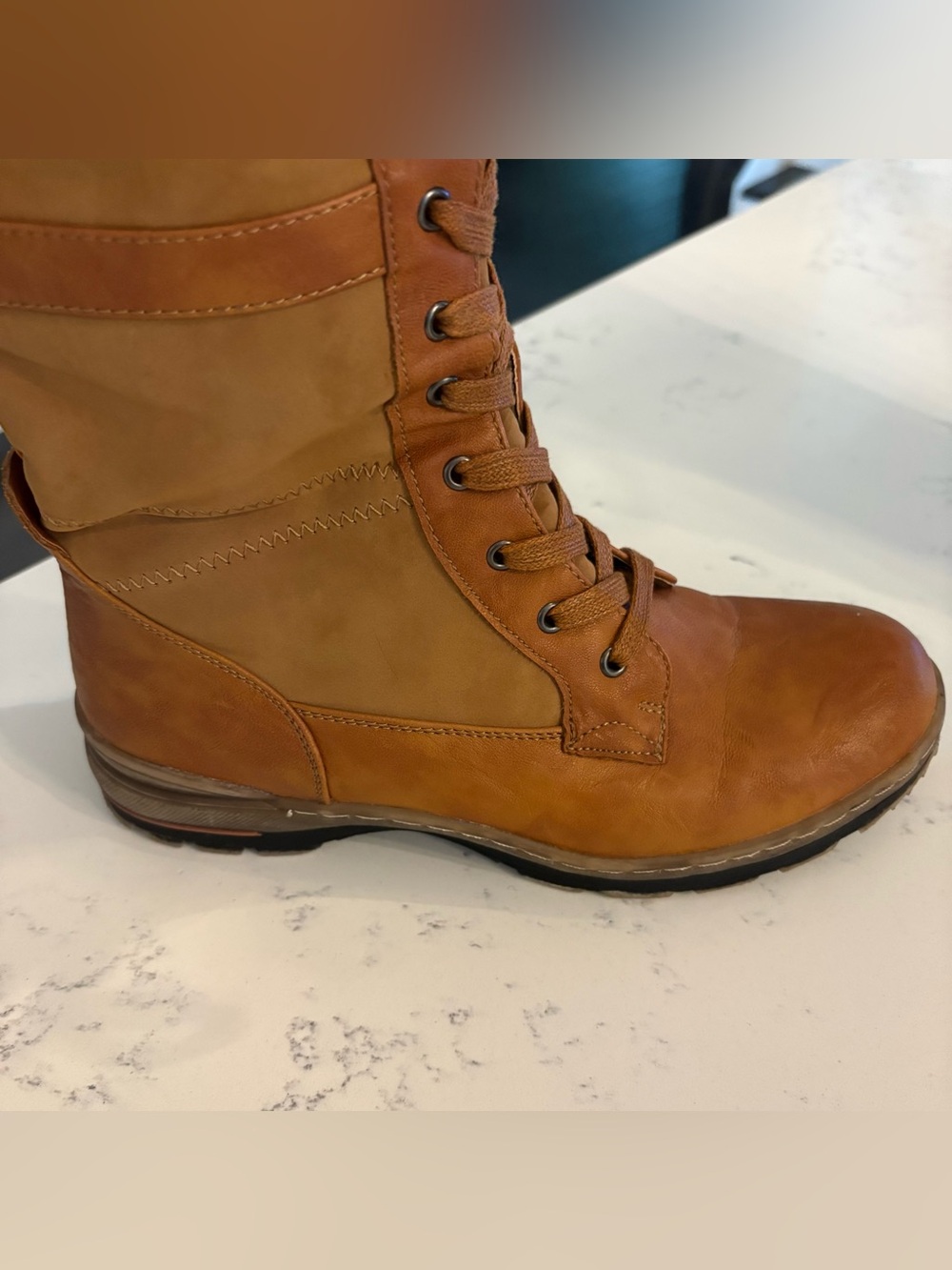 Extreme by Eddie Marc Janet Tan Tall Knit Cuff Lace Up Boots Sz 9M - Picture 3 of 7